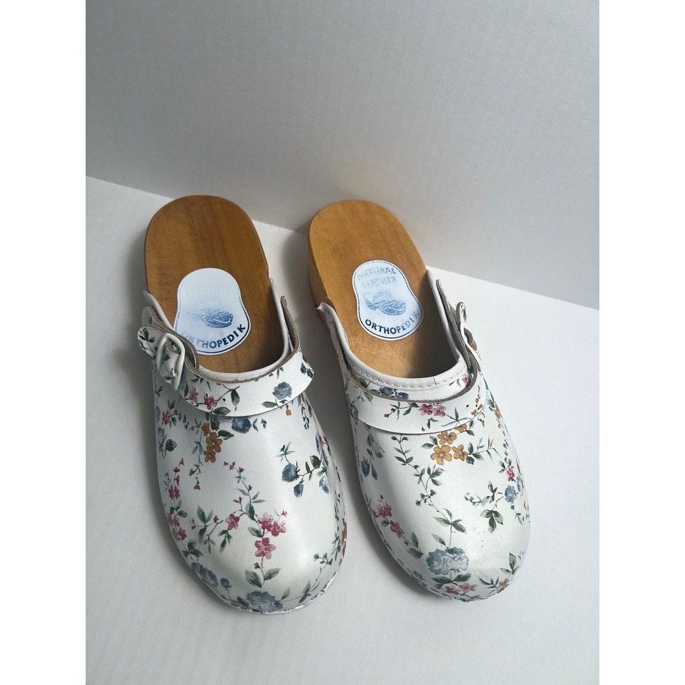 Orthopedik Floral Leather Clogs Womens 41‎ White Wood Sole Cottagecore Mules - Picture 3 of 10